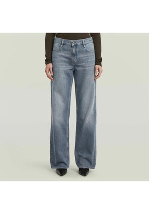 Persona che indossa jeans a vita alta, a gamba larga e di colore azzurro chiaro con tasche frontali, abbinati a scarpe nere con punta e una maglia scura a maniche lunghe.