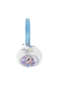 Porte-clés blanc et duveteux avec une image circulaire du visage d'un personnage, accentué d'un flocon de neige argenté et d'une sangle bleue pailletée.