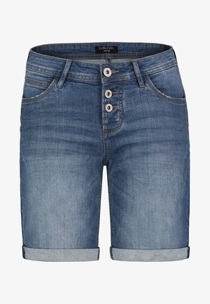 Denim shorts with a light blue wash, featuring a rolled hem, five-button fly, and three front pockets. Label reads "SUBLEVEL, size M."