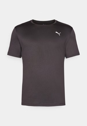 Black short-sleeve T-shirt made of smooth, lightweight fabric. Features a round neckline and a small white Puma logo on the chest.