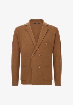 Giacca marrone doppiopetto realizzata in tessuto a maglia testurizzata. Presenta revers a punta, due tasche frontali e chiusura con bottoni.