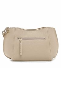 Beige Leder Umhängetasche mit runder Form, Frontreißverschlussfach, goldfarbenen Hardware und strukturiertem Finish. Hat eine ungefähr mittlere Größe.