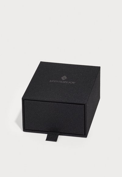 Black textured storage box with a sliding drawer and a pull tab, featuring embossed logo "MYSTERYJOY" on the top.
