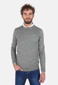 Uomo con capelli ricci e barba, indossa un maglione grigio sopra una camicia bianca e jeans blu, in piedi con una mano in tasca.