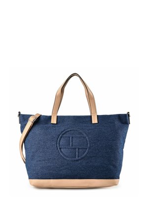 Borsa tote in tessuto blu con manici in pelle marrone chiaro, base e tracolla regolabile, con logo circolare impresso sulla parte frontale.