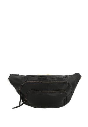 Schwarze Lederbauchtasche mit zwei Reißverschlusstaschen vorne, einer glatten Textur und einem verstellbaren Riemen, der goldfarbene Hardwareakzente aufweist.