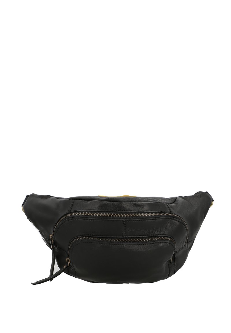 Schwarze Lederbauchtasche mit zwei Reißverschlusstaschen vorne, einer glatten Textur und einem verstellbaren Riemen, der goldfarbene Hardwareakzente aufweist.