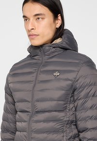 Vatteret grå jakke med hætte, der har vandrette syninger, lynlåslukning og et logopatch på brystet. Glat, skinnende stofstruktur.