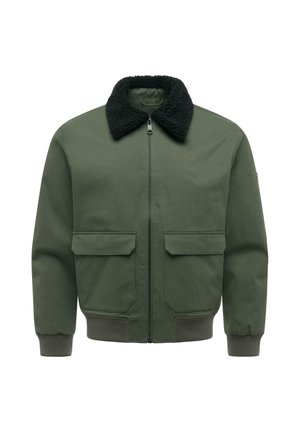 Groene bomberjas met zwarte fleece kraag, ritssluiting aan de voorkant, twee klepzakken en geribde manchetten en zoom.