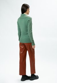 Grüner, gestrickter Pullover mit großem Kragen, kombiniert mit hoch taillierten, braunen Kunstlederhosen. Schwarze Plateauschuhe runden das Outfit ab.