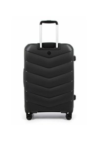 Black suitcase with a chevron pattern, retractable handle, and four wheels for easy mobility, facing forward against a white background.