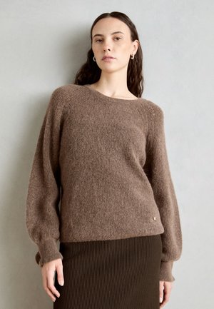 Brauner, flauschiger Strickpullover mit rundem Ausschnitt und Ballonärmeln, ausgestattet mit einem kleinen goldenen Akzentdetail am Saum.