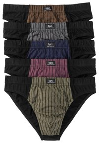 Confezione di sei slip da uomo in vari colori: marrone, grigio, blu navy, bordeaux, oliva e nero. Realizzati in tessuto morbido con cintura elastica.
