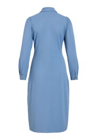 Robe midi bleu clair à manches longues avec poignets boutonnés et col classique, vue de dos.
