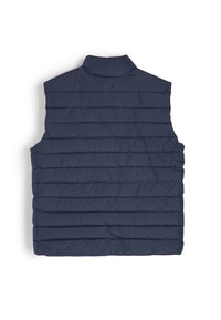 Granatowa, bezrękawnikowa kamizelka puchowa z pikowanym wzorem, wysokim kołnierzem i subtelnym logo z tyłu, wykonana z lekkiego, wodoodpornego materiału.