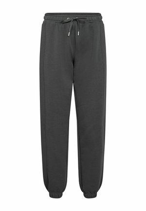 Dark gray sweatpants made of soft material, featuring an elastic waistband with an adjustable drawstring and tapered ankles.