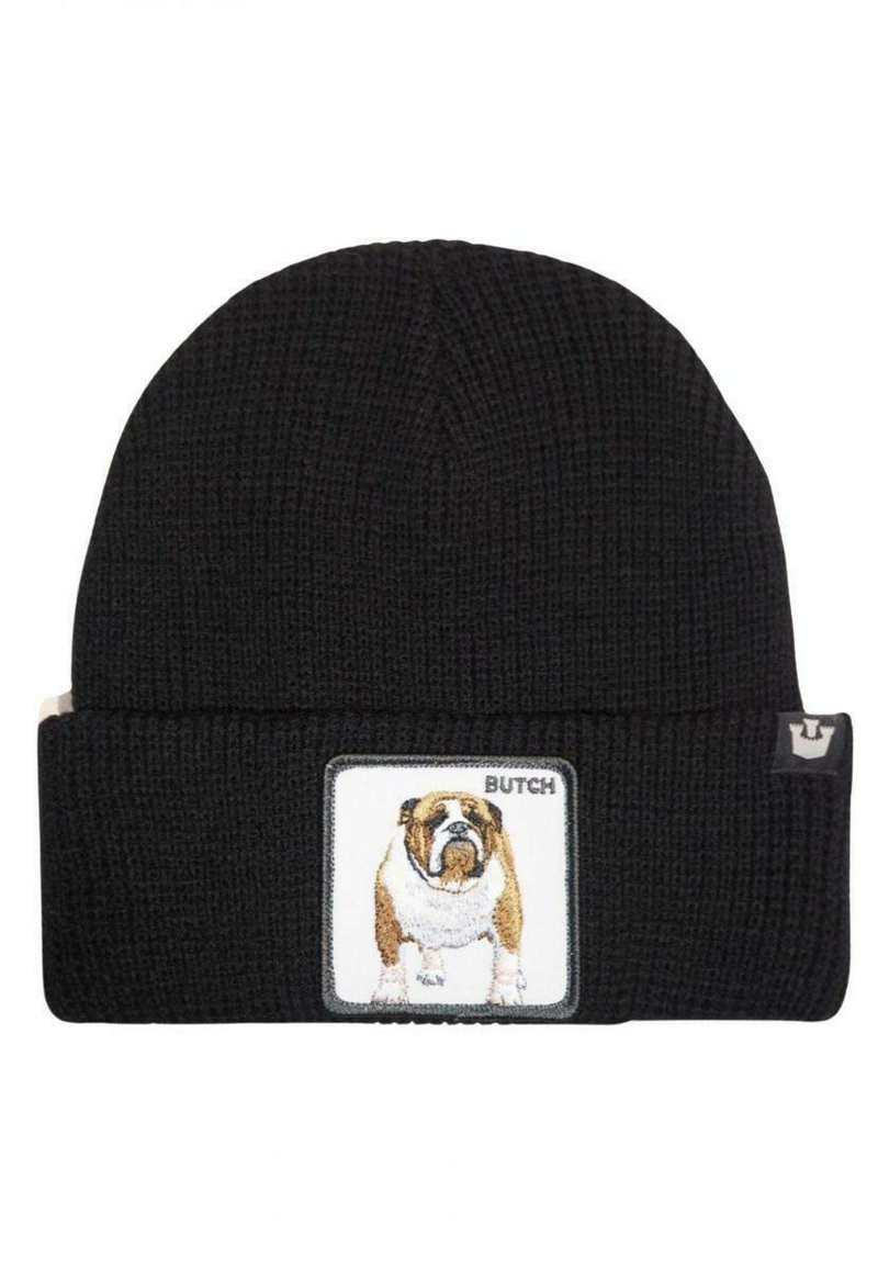 Beanie di maglia nera con risvolto che mostra un patch con l'illustrazione di un bulldog, etichettato "BUTCH," in bianco e marrone.