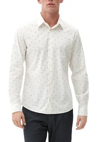 Weißes Langarmhemd mit dezentem grauem Rautenmuster, klassischem Kragen und Vorderknopfverschluss aus leichtem Stoff.