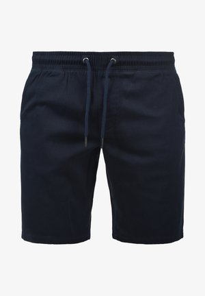 Námornícke modré šortky vyrobené z ľahkej tkaniny, s elastickým pásom a šnúrkou na sťahovanie, s hladkou textúrou. Bez vzorov alebo kovových komponentov.