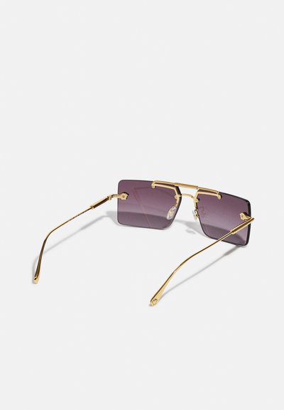 Rectangular sunglasses with dark purple lenses, gold metal frame, and thin arms. Notable details include adjustable nose pads and a sleek design.