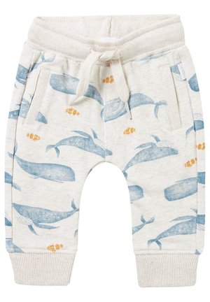 Babybroekjes in crèmekleur met blauwe walvis- en oranje vissenprints, elastische tailleband met koord, zijzakken en geribbelde boorden.