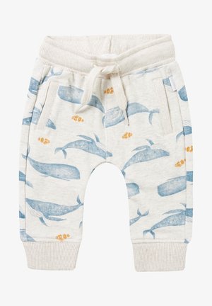 Babybroekjes in crèmekleur met blauwe walvis- en oranje vissenprints, elastische tailleband met koord, zijzakken en geribbelde boorden.