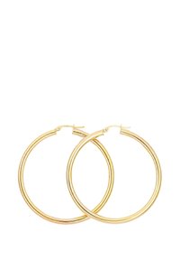 Uhani v zlatem obroču z gladkim sijajem. Vsak obroček ima rahlo zavito obliko in je zavarovan s sponko na zadnji strani.