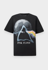 Mustapaita, jossa on graafinen kuvasto prisman ja sateenkaaren kanssa sekä teksti "PINK FLOYD". Pyöreä kaula-aukko ja lyhyet hihat.