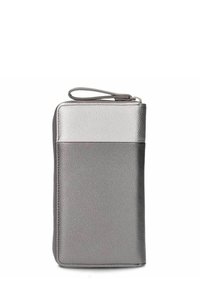 Rectangulaire zilveren polsband met een textuur oppervlak en ritssluiting, met een polsband lus aan de bovenkant.