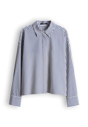 Chemise rayée bleu et blanc, avec un col, des manches longues, une coupe courte, un ourlet droit et des poignets larges.