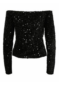 Haut noir à manches longues avec un design débardeur, recouvert de sequins pour un effet texturé et brillant. Silhouette ajustée et finition lisse.