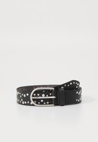 Black leather belt featuring silver star and circular studs, with a metal buckle and hole adjustments along the strap for size.