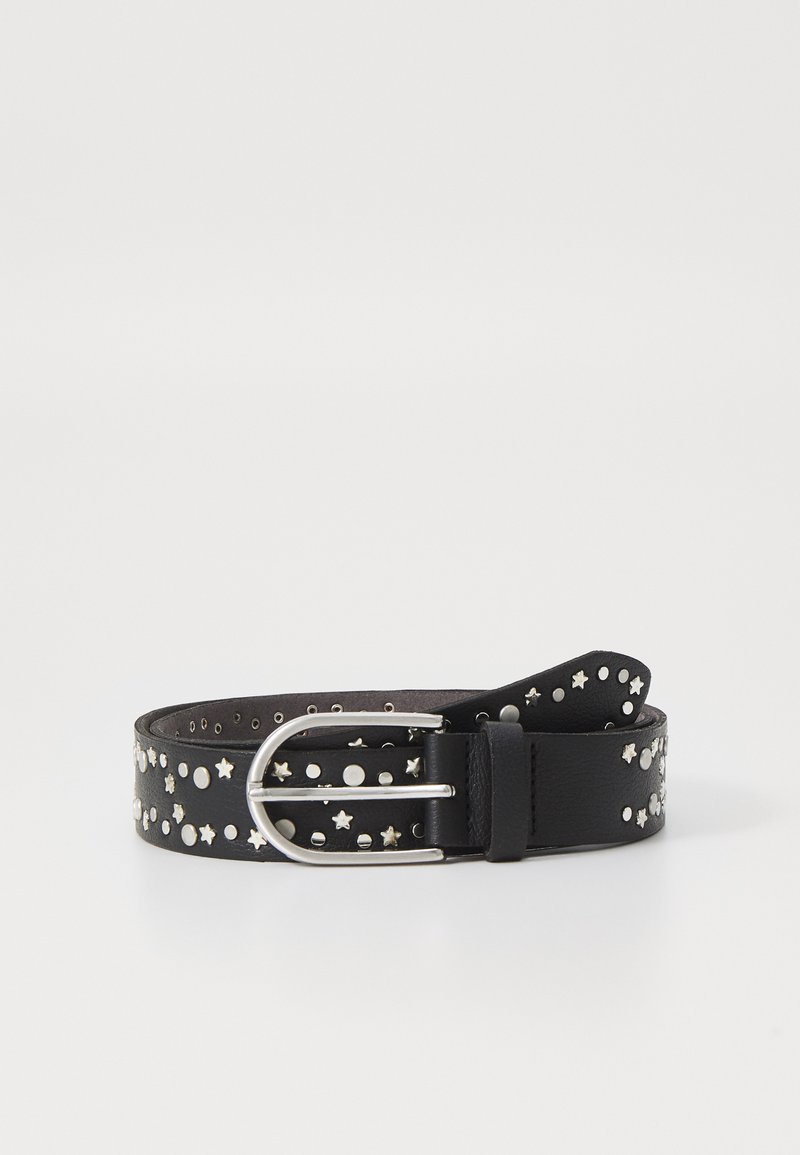 Black leather belt featuring silver star and circular studs, with a metal buckle and hole adjustments along the strap for size.