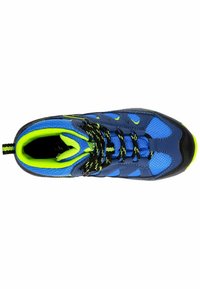 Blue athletic shoe with black accents, textured fabric upper, and neon green lining. Laces are black and green, providing a secure fit.