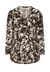 Braun-weiße Bluse mit langen Ärmeln und V-Ausschnitt, aus strukturiertem Stoff mit abstraktem Muster, mit Knöpfen auf der Vorderseite.