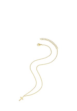 Arany színű láncnyaklánc egyszerű kereszt medállal, sima felülettel és homárkapoccsal. Állítható hosszúságú, hosszabbító lánccal.