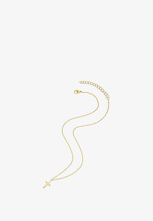 Colier cu lanț de culoare aurie, dotat cu un pandantiv simplu în formă de cruce, având un finisaj neted și un închizător de tip lobster. Lungime ajustabilă, cu lanț de extensie.