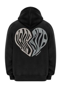 Black hoodie featuring a large heart graphic with zebra stripes in grey and silver, with the text "crew love" in white. Soft fabric texture.