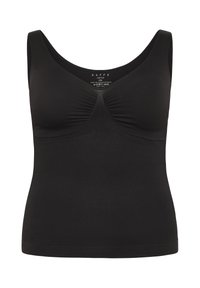 Schwarzes Tanktop mit eng anliegendem Schnitt, Rundhalsausschnitt und Raffung in der Mitte. Hergestellt aus weichem, strukturiertem Stoff mit einem gerippten Muster.