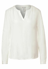 Blusa bianca a maniche lunghe con scollatura a V, realizzata in tessuto morbido, con dettagli arricciati sulle spalle e orlo curvo.