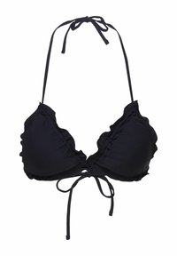 Czarny biustonosz bikini z trójkątnymi miseczkami, falbaną na brzegu oraz regulowanymi wiązaniami na szyi i z przodu. Wykonany z gładkiego, elastycznego materiału.