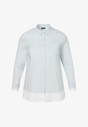 Hellblaues Button-Down-Hemd mit dünnen weißen und beigen vertikalen Streifen. Verfügt über eine Brusttasche und einen weißen Saum am unteren Ende. Lange Ärmel.