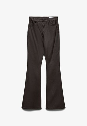 Czarne spódnie dzwony z denimu, z zamkiem błyskawicznym z przodu, zapięciem na guzik oraz pięcioma kieszeniami, charakteryzujące się gładką teksturą i uproszczonym wzornictwem.