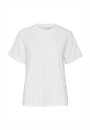 Yksivärinen valkoinen, lyhythihainen T-paita pyöreällä pääntiellä ja rennolla istuvuudella, esitetty yksivärisellä valkoisella taustalla.