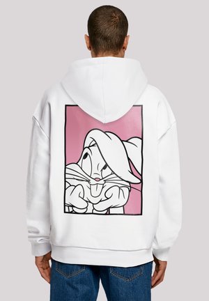 White hoodie featuring a large, outlined graphic of a cartoon character on a pink background. Material appears soft, with a relaxed fit.
