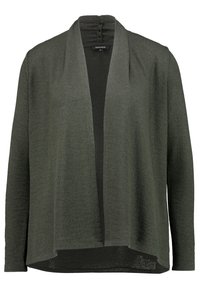 Dunkelgrüner Cardigan mit offenem Vorderteil, strukturierter Stoff, lange Ärmel und lockerer Passform. Verfügt über eine geraffte Detail am Hals.