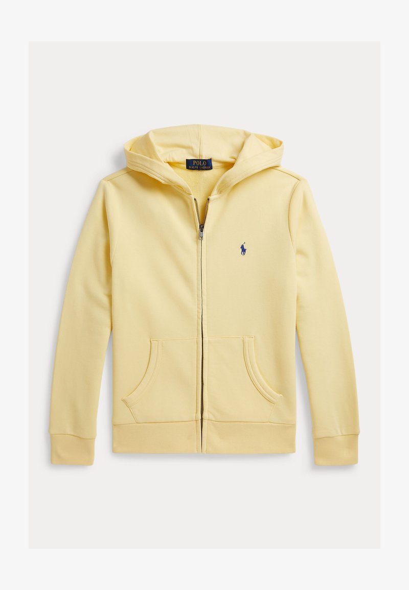 Sweat à capuche zippé jaune clair avec poches avant, capuche, poignets côtelés, et petit logo Polo Ralph Lauren brodé en bleu foncé sur la poitrine.