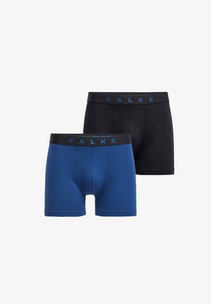 Zwei Paar FALKE Boxershorts, eines in Blau und eines in Schwarz, mit einem elastischen Bund, der den Markennamen in schwarzer und blauer Schrift zeigt.