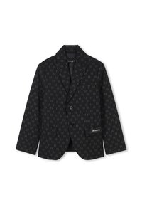 Veste noire avec un motif géométrique discret, fermeture à un bouton, revers crantés, deux poches avant et logo de la marque sur la poche inférieure.