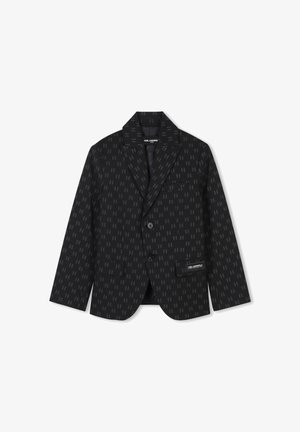 Veste noire avec un motif géométrique discret, fermeture à un bouton, revers crantés, deux poches avant et logo de la marque sur la poche inférieure.